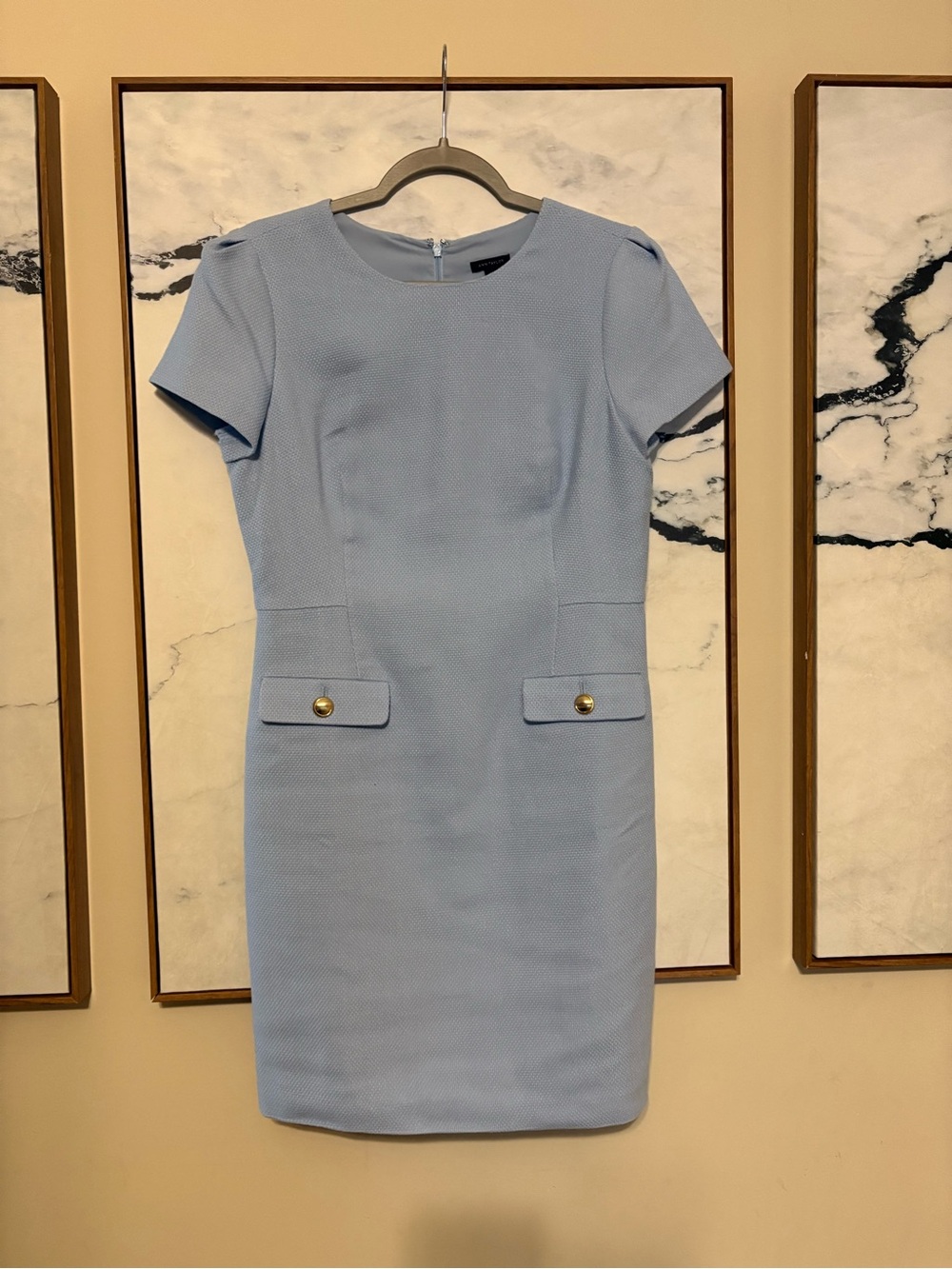 Ann Taylor Light Blue Sheath Dress with Gold Buttons
